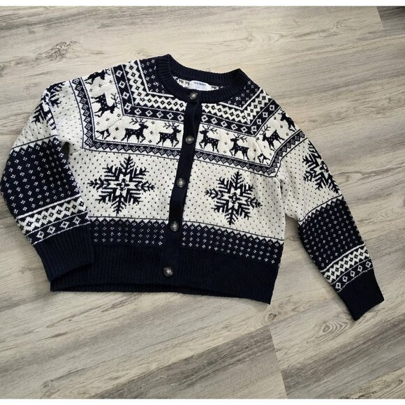 Old Navy Christmas Cardigan  Deer Snowflake Fair Isle Navy Nordic Classic Size L - Picture 2 of 7